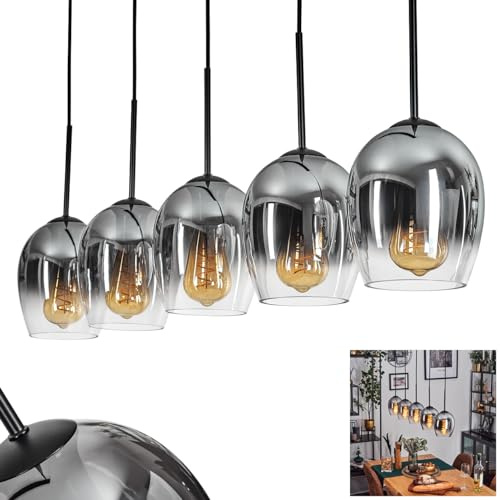 Pendelleuchte Vevino, Pendellampe aus Metall/Glas in Schwarz/Rauchfarben/Klar, Leuchte im modernen Retro/Vintage-Design mit Schirmen aus Glas (Ø 15 cm), Höhe max. 150 cm, 5 x E27, ohne Leuchtmittel