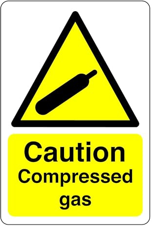 Caution compressed gas sign - 1.2mm Rigid plastic for indoor/outdoor usage (200mm x 150mm) Viewing Distance within 5m.