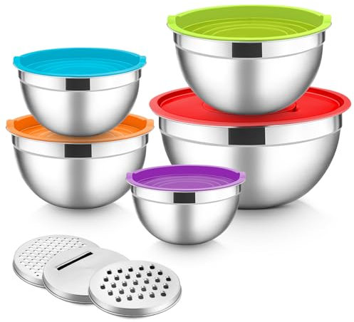 HaWare Mixing Bowls Set of 5, Stainless Steel Salad Nesting Bowl for Baking/Prepping/Serving/Food Storage, 3 Grater Attachments & Airtight Lids, Dishwasher Safe- 0.7/1/1.5/2.6/4.6L, Multicolor