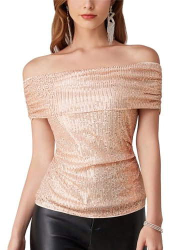 GRACE KARIN Damen Pailletten Party Oberteile Off Shoulder Sparkling Ruched T-Shirt Tops Rose Gold L