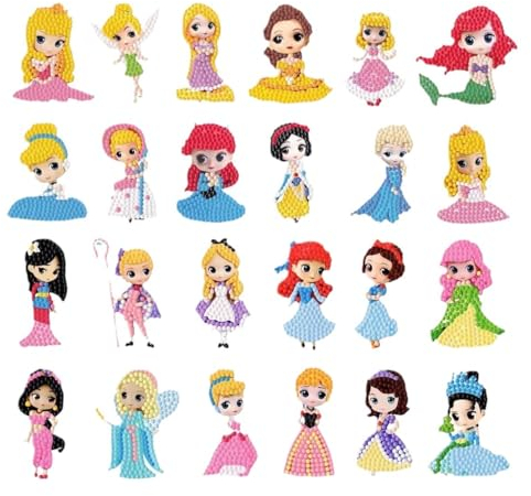 24 Stück Princess Cartoon 5D Diamond Painting Aufkleber,Cute Anime Prinzessin Diamand Painting Set,Kawaii Diamond Painting Kits für Kinder,5D Diamand Painting DIY Stickers Kit für Erwachsene Anfänger
