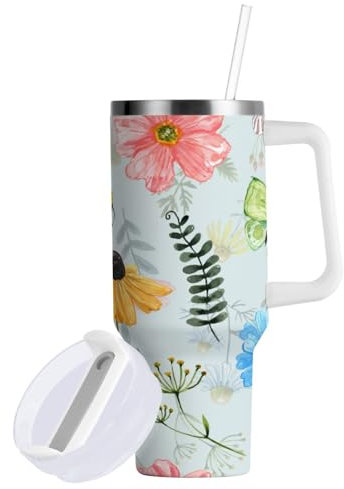 Boccsty Floral Wildflowers Bees Insulated Tumblers Butterfly Reusable Stainless Steel Tumbler 30 oz Cup Coffee Travel Mug Water Bottle with Handle & Flip Straw for Home Office Car