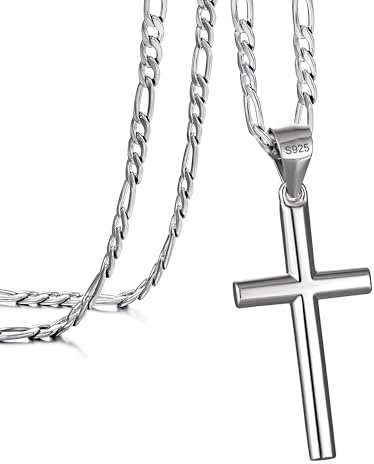 Murtoo Kreuzkette für Herren - Halskette mit Kreuz Anhänger, 925 Sterling Silber, Silberkette (Silber Figaro, 60cm)