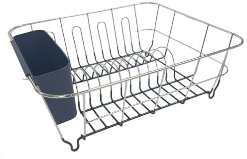 Juego de escurridor de platos y cubiertos de 2 piezas, compacto para fregadero con revestimiento inferior de goma, organizador de cocina que ahorra espacio para diferentes utensilios, azul marino