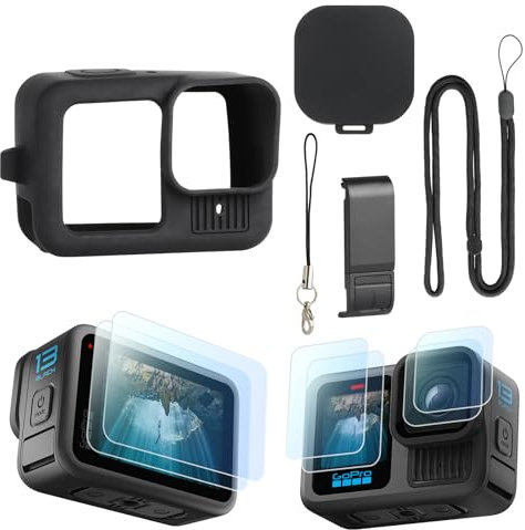 HSU Silicone Sleeve Rubber Protective Case for GoPro Hero 13 Black, Screen Protectors, Battery Side Cover, Lens Caps, Accessories Kit for Hero 13 Black