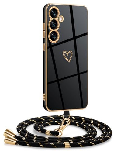 Mkej Coque pour Samsung Galaxy S24 FE avec Cordon, Coque avec Collier Motif Coeur d'amour Silicone Galvanisé Housse, Réglable Amovible de Cordon Case pour Samsung Galaxy S24 FE, Or Noir