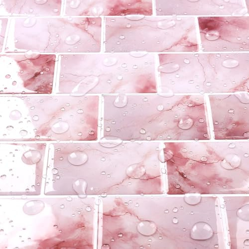 Livelynine Fliesenaufkleber Bad Rosa Marmor 3D Klebefliesen Küche Beige Rosa 30x30CM Wandfliesen Selbstklebend Badezimmer Küchenrückwand Wasserfest Selbstklebende Fliesen 3D Metro Fliesen, 4 Stück