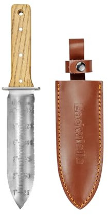 Eadwiella Gartenmesser, Grabungsmesser mit Lederhülle zum Graben, Pflanzen und Beschneiden, Ideales Gartengerät mit 150-mm-Tiefenmarkierung.