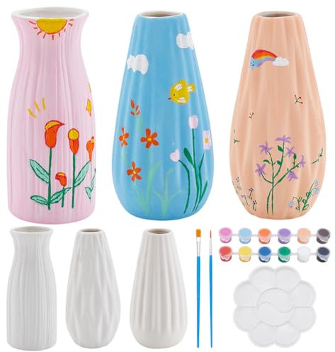 WEBEEDY 3 Set Kit de pintura cerámica para adultos Jarrón Kit de pintura cerámica jarrón sin pintar con borde rombo pinta tu propio florero decoración de hogar (3 formas)
