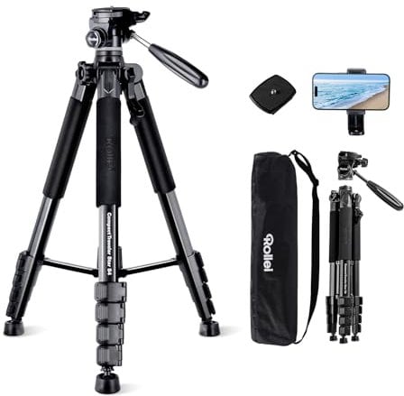Trepied Appareil Photo 188cm Rollei, Compact Traveler Star S4 Trépied Léger en Aluminium avec Tête pan Amovible à 3 Voies Trépied Vidéo Voyage Portable pour DSLR & Téléphone avec Support de Téléphone