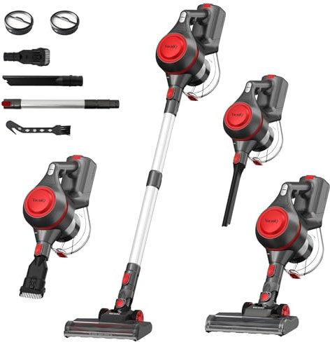 VacniQ Akku Staubsauger, Freistehender Kabellos Staubsauger, Akku Sauger, 35000Pa, 99,9% HEPA-Filter, 3-in-1ür Hartböden Teppiche Tierhaare, Super Leise (rot grau)