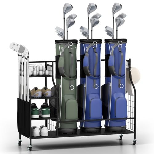 COSTWAY Golf Storage Rack, Extra Large Golf Clubs Bag Stand with Lockable Universal Wheels and Other Golfing Equipment Rack, Golf Garage Organizer (120 x 42 x 94cm)