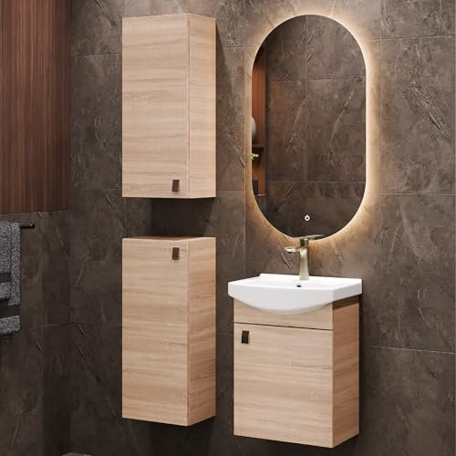 Planetmöbel Ensemble de Meubles de Salle de Bains Lavabo avec Meuble Bas 45 x 60 x 33 cm, Miroir avec éclairage 50 x 90 cm, 2X armoires centrales pour Salle de Bains et WC invités, chêne Sonoma