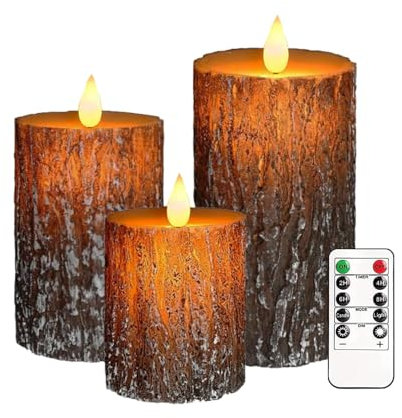 AVEKI Flickering Flameless Candles, Bark Real Wax Battery Operated LED Candle with Remote Timer & Brightness Function, Set of 3 Pillar Candles Lights Decor for Festival Wedding Home (Bark)