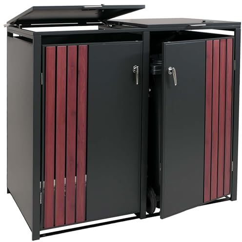 Mendler 2er-Mülltonnenverkleidung HWC-O67, Mülltonnenbox mit Deckel, Metall 122x132x84cm 53kg - anthrazit Holzoptik dunkel