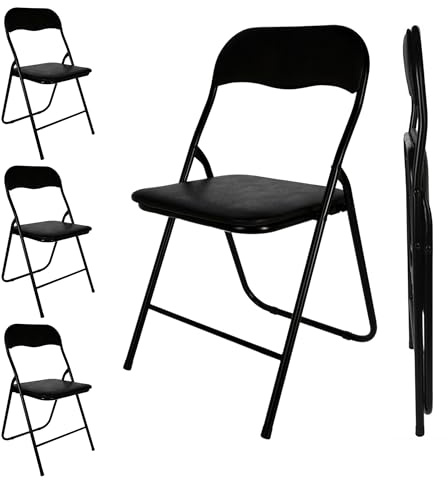 Spetebo Metall Klappstuhl schwarz gepolstert mit Kunstleder Bezug - 4er Set | Klappbarer Küchenstuhl mit Rückenlehne, Gästestuhl Beistellstuhl Polsterstuhl Stuhl klappbar