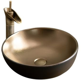 XUJUAN-0227 Fregadero de baño Lavabo de sobre encimera cerámica Redondo con Grifo y desagüe