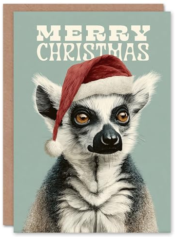 Artery8 Christmas Card Lemur Wearing a Santa Hat Festive Animal Portrait