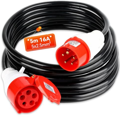 Warmfay CEE Verlängerungskabel 5m, 400V 16A Starkstromkabel Gummi, 5x2,5mm² Starkstromkabel CEE Verlängerung IP44 Außenbereich Baustelle Werkstatt Industrie