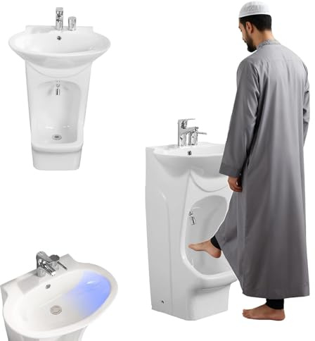 Vertikales Keramik-Waschbecken, 2-in-1-Waschbecken für die muslimische Waschung mit zwei Waschbereichen, Wudu-Waschbecken für Badezimmer mit Fußwaschbereich, 360-Grad-Wasserhahn, perfektes