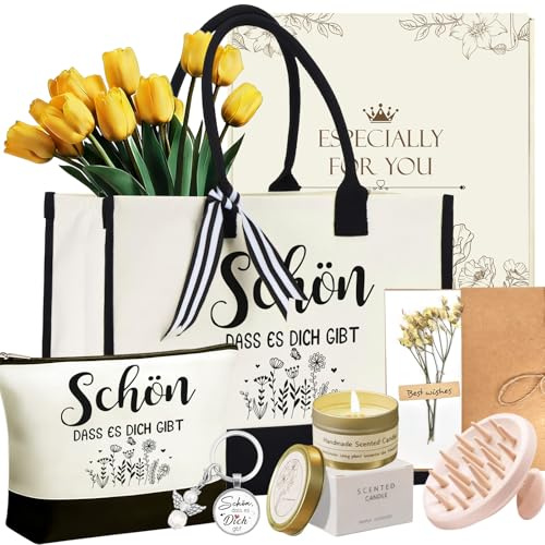 Geschenke für Frauen Freundin, Gifts for Women, Geburtstagsgeschenk mit Canvas Einkaufstasche, Wellness Entspannung Geschenkset als Dankeschön für Mama, Beste Freundin, Kollegin, Lehrerin, Hebamme