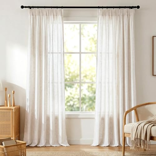 Leinenvorhang mit Kräuselband Beige-Vorhänge 260 cm Lang für Raumteiler Balkontür Wohnzimmer Modern Landhaus Schrank Schlafzimmer mit Haken Halbtransparent Lichtdurchlässig Gardine Boho Deko 2er set