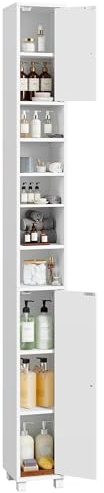 Abician Armoire de Salle de Bain, Meuble de Rangement, Étagères Réglables | Colonne, avec 2 Portes, Compartiments, 20x20x180cm, pour Les Petits Espaces, Blanc