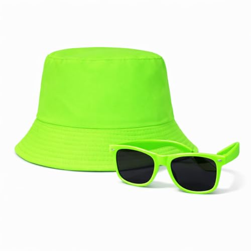 Panelize ® UV Neon Party Set – Bucket Hat + Neon Sonnenbrille | Festival Hut & Partybrille für Schwarzlicht, Karneval & Festivals | Gelb, Pink, Orange, Grün