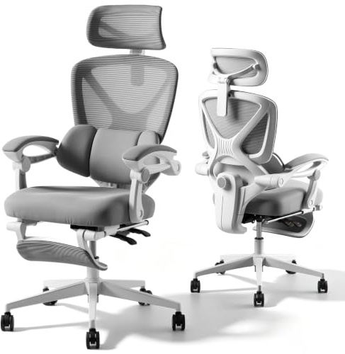 FLEXISPOT TriCore Ergonomischer Bürostuhl mit Fußstütze, X-förmiger Schreibtischstuhl mit 135°-Neigung, Gekoppelte Armlehnen mit zonenweise Einstellbarer Lendenstütze, 3D-Kopfstütze, Hellgrau