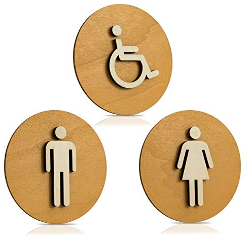 Panneau pour porte de toilette - En bois - Avec pictogrammes femme, homme et personnes handicapées - Couleur : noyer clair, Bois, Damen+herren+behinderten, Ø 24cm