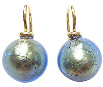 Ohr-Hänger Ohrringe Murano-Glas Perle blau 12 mm Durchmesser rund Sterling-Silber gold-plattiert 585 Goldschmiede-Arbeit Handarbeit Unikat Alltag