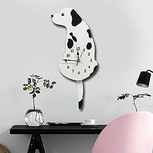 Topkey Wanduhr Hund Acryl Wanduhr mit Schwingschwanz Pendel für Wohnzimmer, Schlafzimmer, Kinderzimmer, Küche und Wohndeko – (42 cm x 18 cm) Weiß
