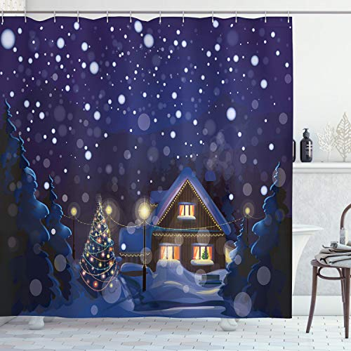 ABAKUHAUS Natale Tenda da Doccia, Winter Night Casa, Tessuto Set di Decorazioni per il Bagno con Ganci, per la vasca da bagno, 175 cm x 200 cm, Navy Blu Giallo