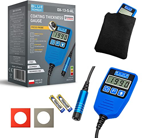 Blue Technology Misuratore di Spessore per Auto DX-13-S-AL, misuratore di Spessore della Vernice in Acciaio e Corpo in Alluminio, misuratore di Vernice, sonda Piatta Mobile, Campo di misurazione Fino