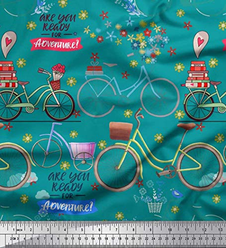 Soimoi Grun Baumwoll-Popeline Stoff Text, Blumen und Fahrrad Transport Stoff Meterware 56 Zoll breit