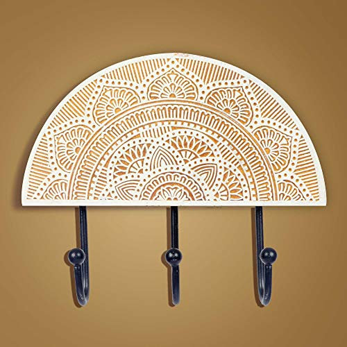 Mandala Life ART Dekorativer Haken für die Wand, 3 große Haken, natürliches rohes Mangoholz, handgebogener Holzstempel mit Metallhaken, Boho-Chic-Schmuckaufhänger