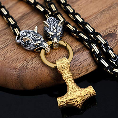 YCYR Nordischer Wikinger Thors Hammer Amulett Anhänger, Herren Handgemachte Vintage Mythologie Mjolnir Halskette Mit 6Mm Wolfskopf König Kette Kettenschmuck,Gold,60CM