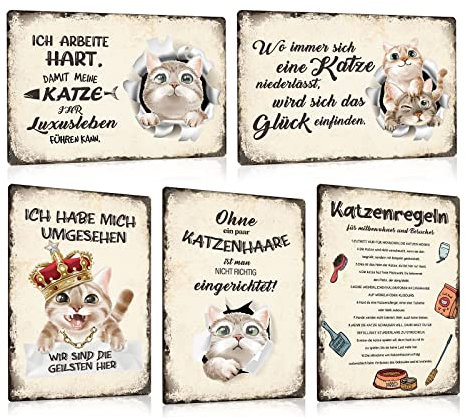 5er Set Katze Vintage Blechschild Sprüche 20x30cm - Katzen-Regeln Retro Schild mit Lustiger Spruch - LUXUSLEBEN - Metall-Schild Poster Geschenk für Katzen-Liebhaber