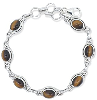 mantraroma Armband 925 Silber Tigerauge brauner Stein Edelstein Armreif Silber Damen Sterling Silber Geschenk (MAB-022-18)