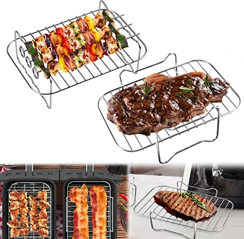 Pipihome Accessoires pour Friteuse à Air Comprimé, Support Multifonction Double Couche avec Brochette Compatible avec Ninja Foodi AF300EU/AF400EU, Accessoire pour Air Fryer en Acier Inoxydable 304
