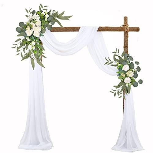 EESLL Artificial Wedding Arch Flowers Kit (Pack of 3),2pcs White Rose Flower Swag with 1pc White Sheer Draping Fabric Floral Swags for Decoration