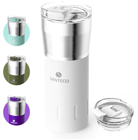 SANTECO Travel Mugs Coffee Cups 12oz/350ml, Insulated Stainless Steel Flask for Hot Drink Leakproof Double Wall Vacuum Car Tumblers Reusable to Go Mug for Hot/Ice Coffee Tea