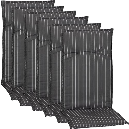 NYVI Gartenstuhl Auflagen Hochlehner 6er Set Barcelona - UV-Beständig, Atmungsaktiv, Strapazierfähig - Hochlehnerauflagen Outdoor - Sitzauflagen für Gartenstühle 118x50cm Grau Weiße Streifen