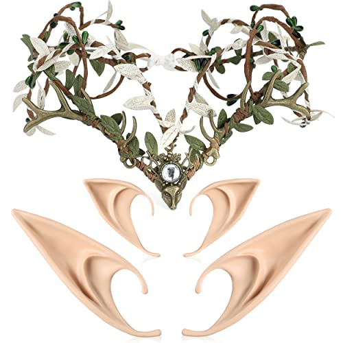 MOSTORY Elfenohren mit grünem Waldgeweih, Kronen-Set, Elfenwald-Haarbänder, 2 Paar weiche Elfenohren-Set, bronzefarbene Feen-Haarbänder für erwachsene Frauen, Renaissance, Weihnachten, Cosplay