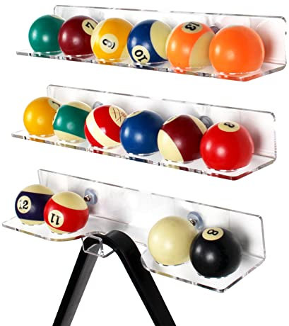 Pool Cue Rack Wall Self-adhesive Mounted Rack for Billiard,Optional 2 Style Acrylic Pool Stick Stand Holds 6 Cues, All Can be Wall Mounted with Screws or Self-adhesive (16 Balls & Ball Rack Holder)