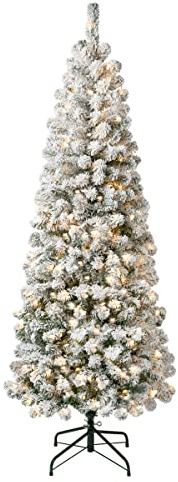 National Tree Company 6 ft Pre-Lit Flocked Acacia Slim Artificial Christmas Tree, 250 Clear Lights, 512 Tips, Includes Stand, Green