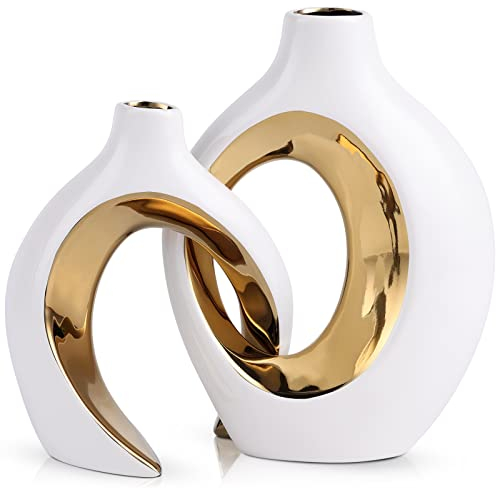 XIAOMAGG Keramik Vase,2er Set Hohle Weiße Moderne Vasen für Nordisches, Vasen Deko, ästhetische Boho Blumenvase für Zuhause, Wohnzimmer, Büro, Bauernhaus, Couchtisch Dekoration (Weißes Gold)