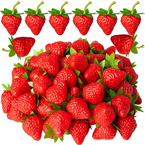 CLESDF Fresas Rojas Falsas, 40 Fresas Artificiales de plástico de Frutas realistas para el hogar, Cocina, Fiesta, decoración de fotografía