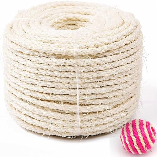 Cuerda de sisal natural para gatos, rascador de sisal, repuesto para gatos, rascador, cuerda para el hogar, jardín, decoración, 50 m + una bola de sisal (color aleatorio)