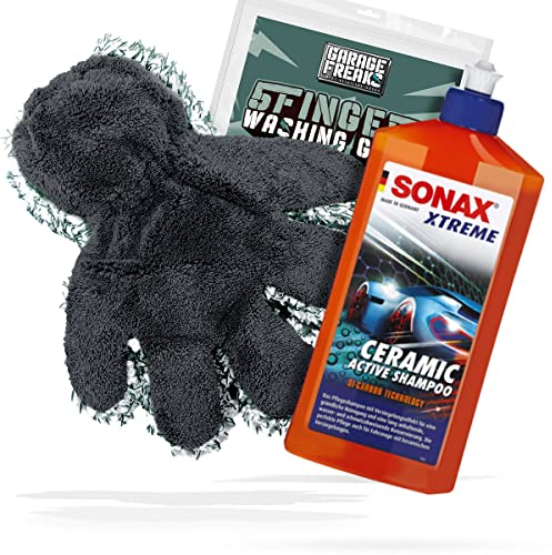Autowäsche Bundle - Autoshampoo SONAX XTREME Ceramic Active Shampoo 0,5L + Garage Freaks 5 Fingers Washing Glove - Autopflege Set mit Fünf Finger Waschhandschuh und Auto Shampoo
